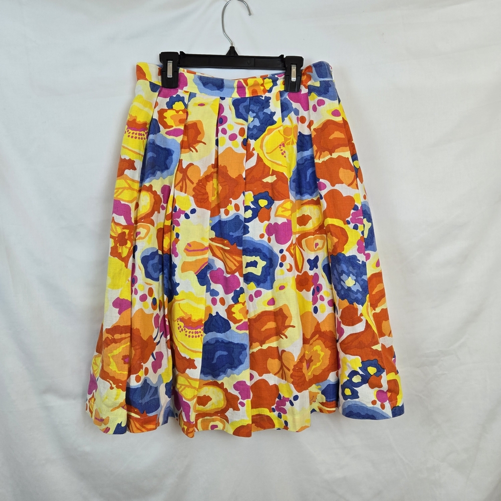 Liz Claiborne New York Multicolor Floral Pleated A-Line Linen Skirt Sz 4 VIntage